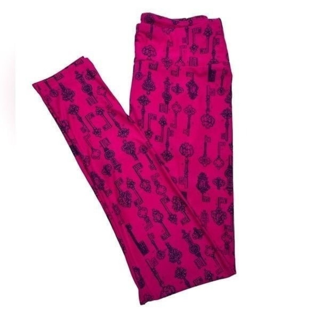 LuLaRoe Hot Pink Black Skeleton Key Print Leggings OS One Size‎ High Waisted